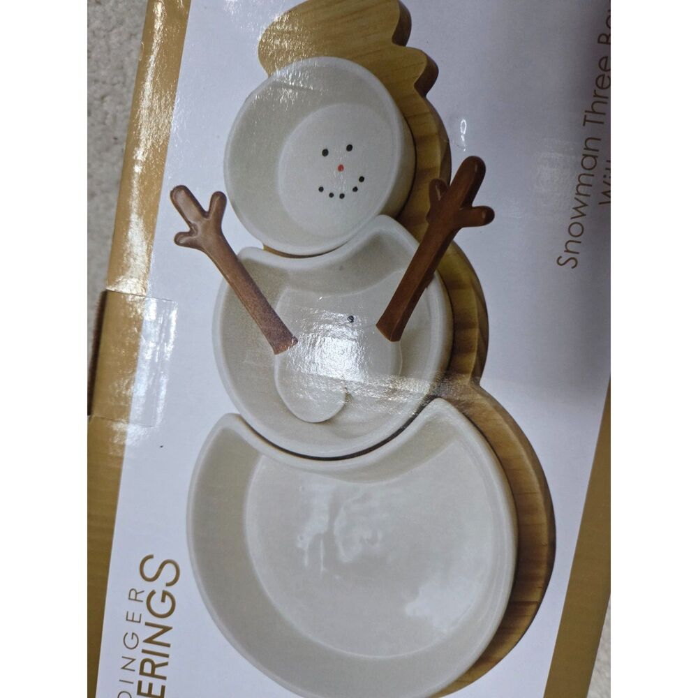 Godinger Gatherings Snowman Three‑Bowl Serving Set with Wooden Spoons